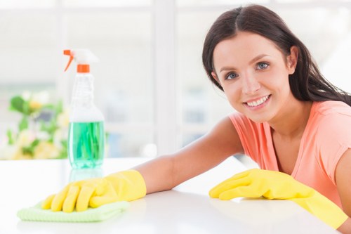 Office cleaning team maintaining a bright reception area