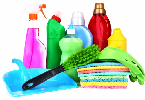 Domestic cleaning essentials arranged for a tidy home